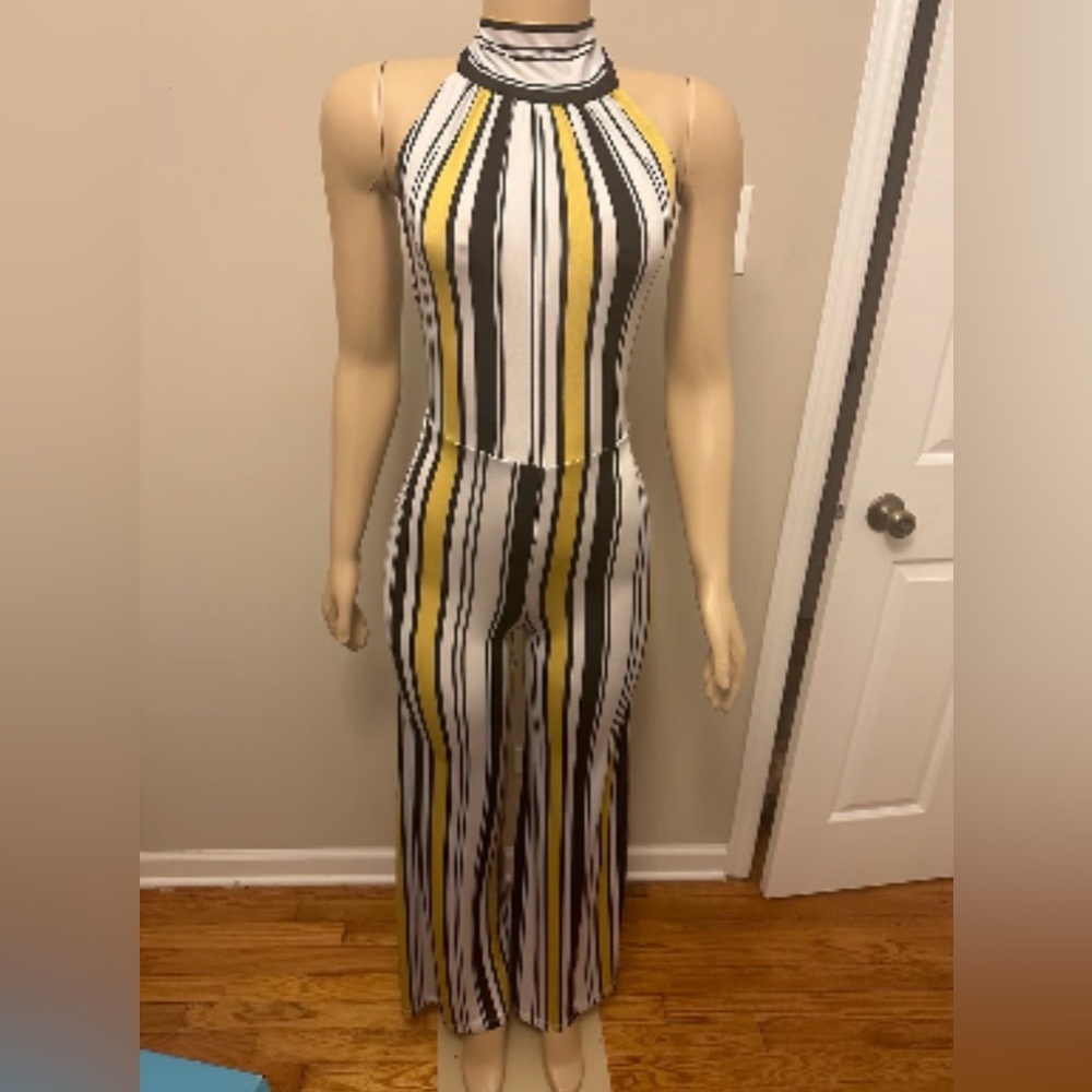 Charlotte Russe Yellow, Black & White Striped Halter Jumpsuit